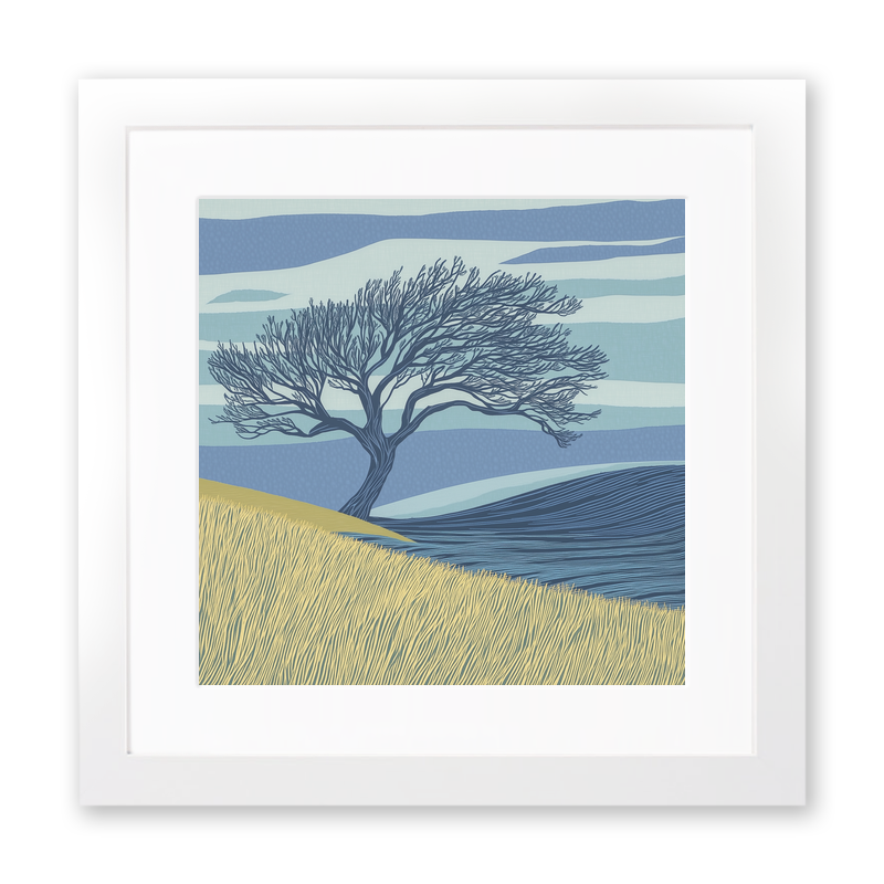 Lone windswept Hawthorn tree Linoprint-Style Art (2479-1)
