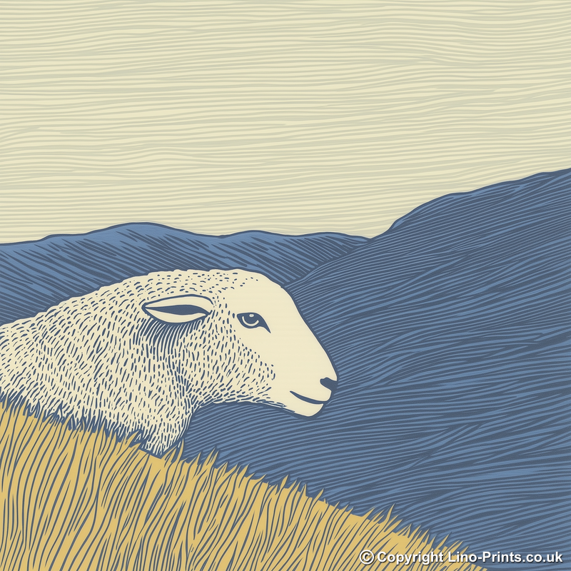 Herdwick sheep silhouette profile on a rise Linoprint-Style Art (2450-3)