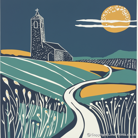Church tower rising from flat fields Linoprint-Style Art (1869-1)