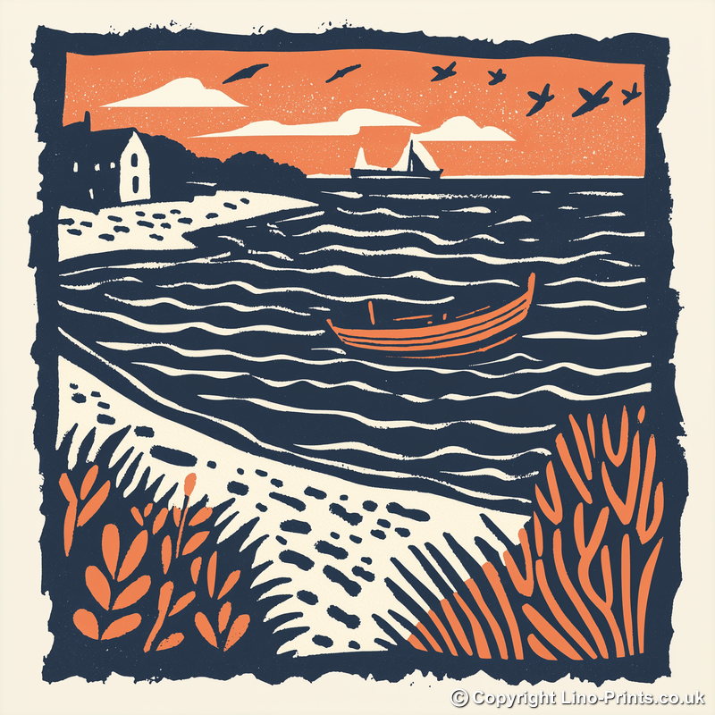 Aldeburgh Beach, Suffolk Linoprint-Style Art (120-1)