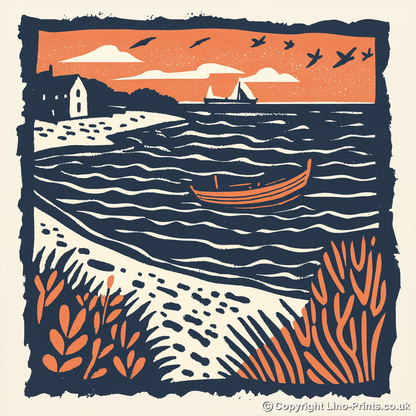 Aldeburgh Beach, Suffolk Linoprint-Style Art (120-1)