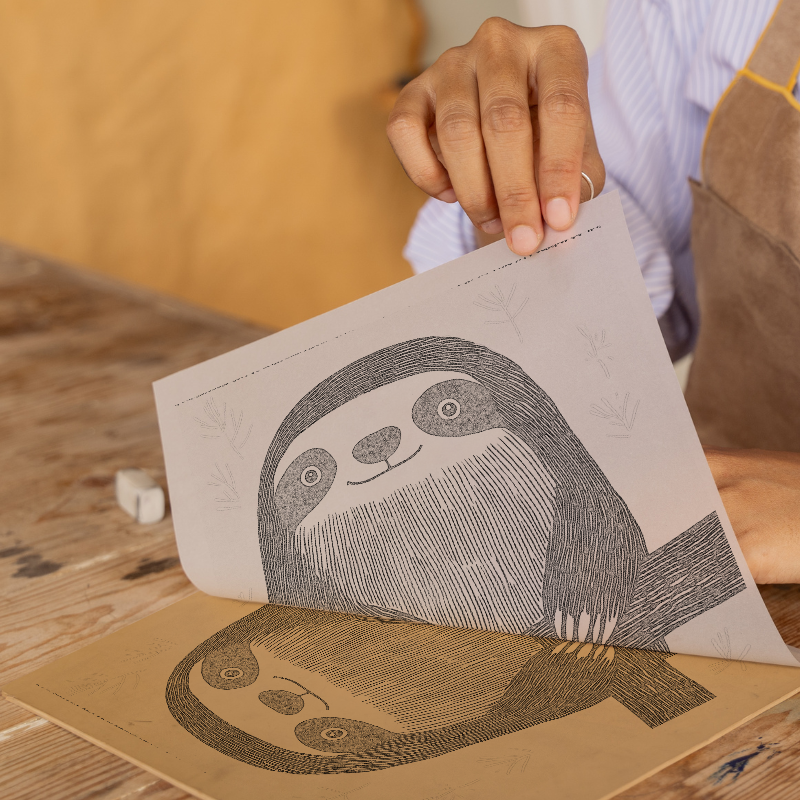 Cute Sloth Linoprint-Style Art (645-1)