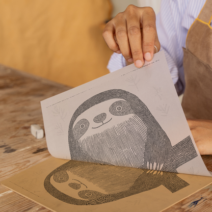 Cute Sloth Linoprint-Style Art (645-1)