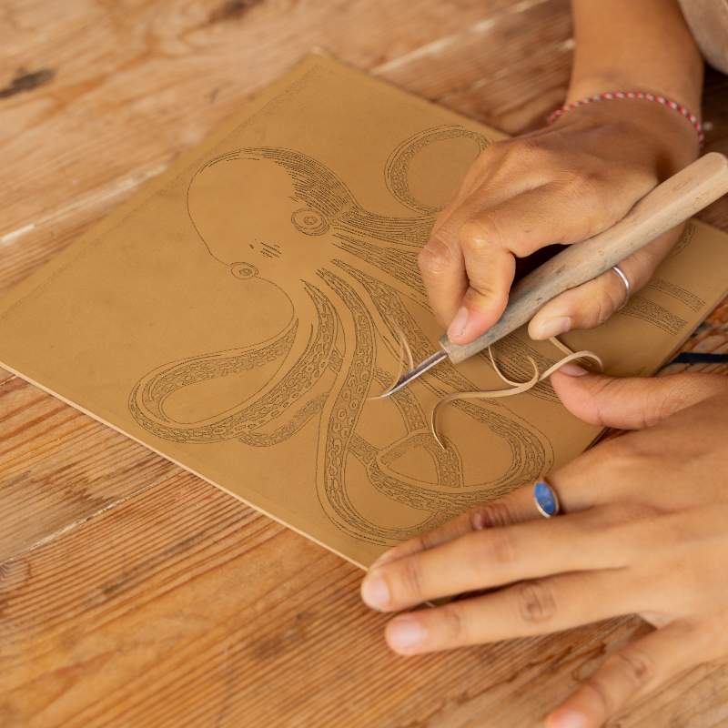 Octopus with swirling tentacles Linoprint-Style Art (1017-2)