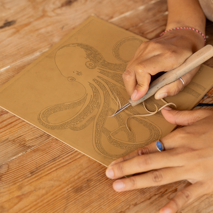 Octopus with swirling tentacles Linoprint-Style Art (1017-2)