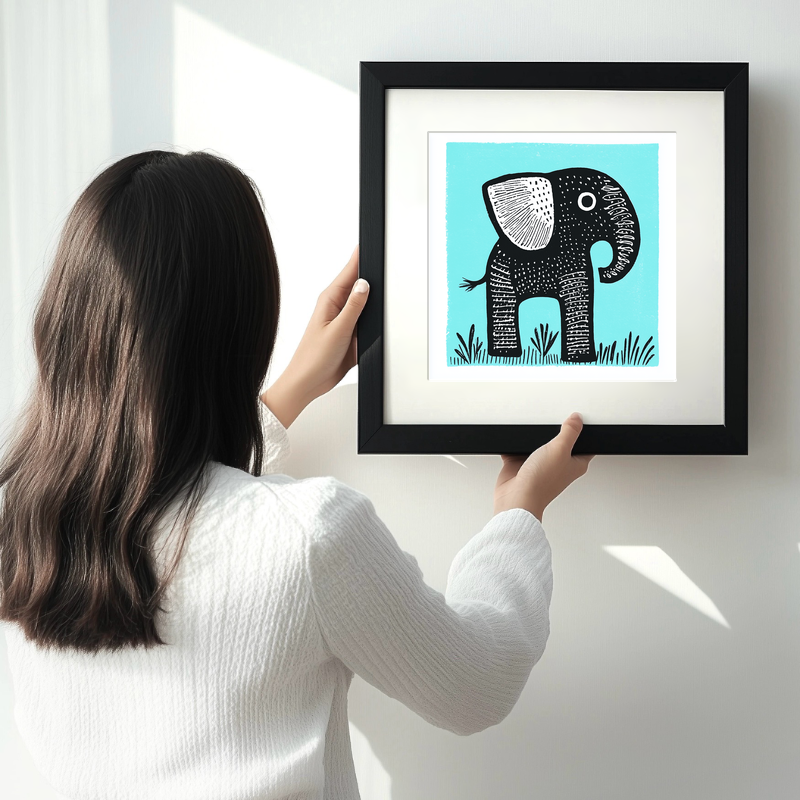 Cute Elephant Calf Linoprint-Style Art (619-2)