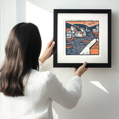 Looe Harbour, Cornwall Linoprint-Style Art (138-3)