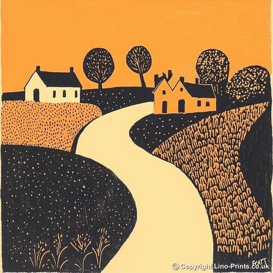 Gold Hill, Shaftesbury Linoprint-Style Art (177-1)