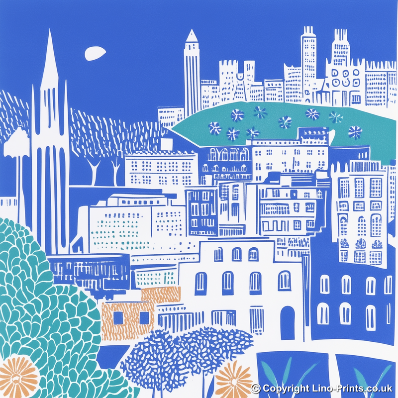 Barcelona skyline Linoprint-Style Art (838-1)