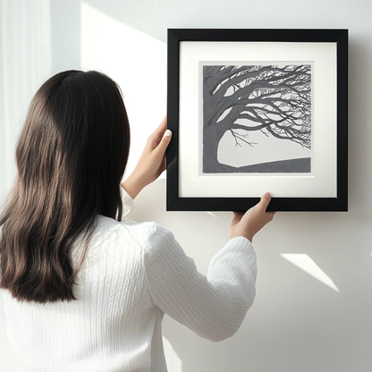 Bare winter tree branches silhouette Linoprint-Style Art (2359-1)