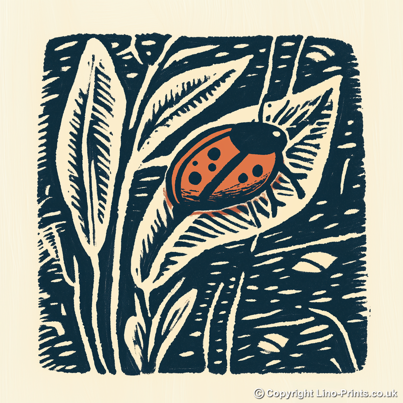 Ladybird on leaf Linoprint-Style Art (98-1)