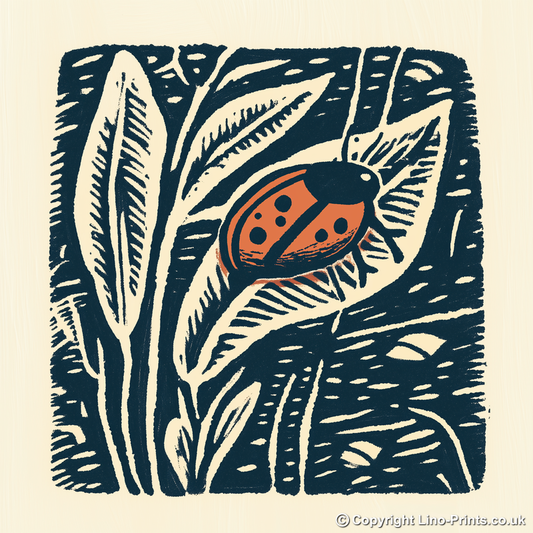 Ladybird on leaf Linoprint-Style Art (98-1)