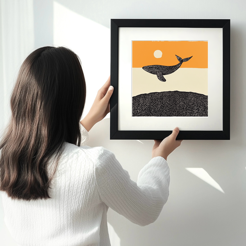 Whale breaching the surface Linoprint-Style Art (278-2)