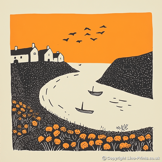 Looe Harbour, Cornwall Linoprint-Style Art (300-1)