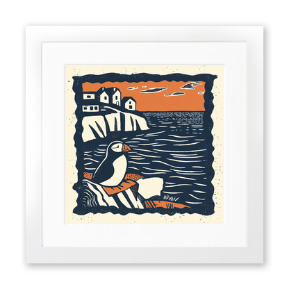 Puffin on cliff edge Linoprint-Style Art (105-1)