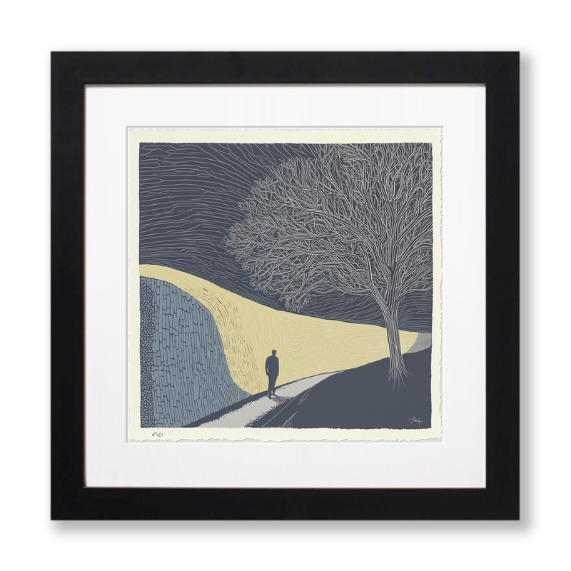 Wall silhouette leading towards a silhouetted tree Linoprint-Style Art (2593-3)