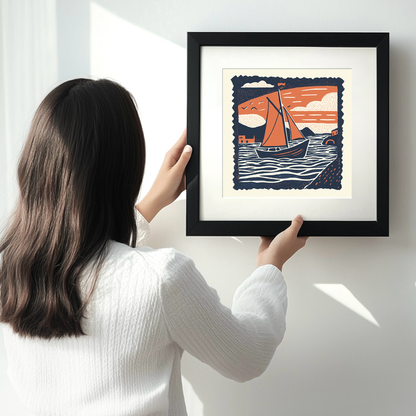 Norfolk wherry under sail Linoprint-Style Art (2012-1)