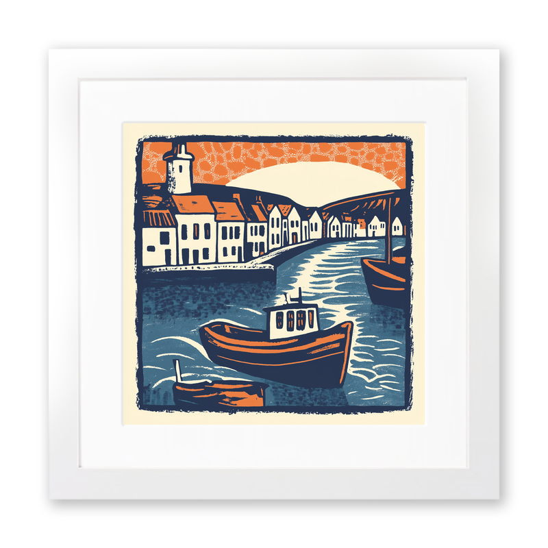 Mevagissey Harbour Linoprint-Style Art (501-1)