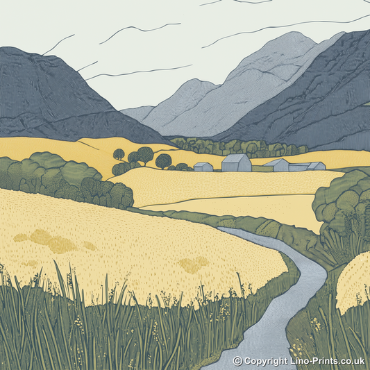 Borrowdale valley farms Linoprint-Style Art (2373-1)