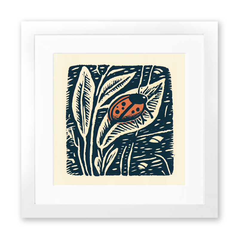 Ladybird on leaf Linoprint-Style Art (98-1)