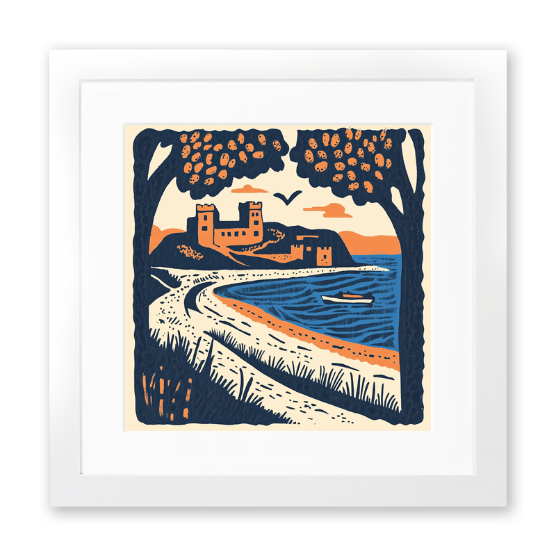 Bamburgh Beach and Castle, Northumberland Linoprint-Style Art (122-1)