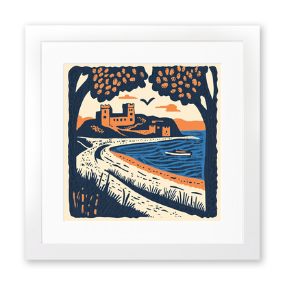 Bamburgh Beach and Castle, Northumberland Linoprint-Style Art (122-1)