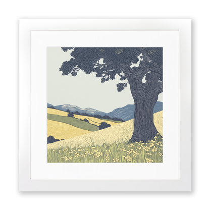 Ancient Oak tree in a valley Linoprint-Style Art (2356-2)