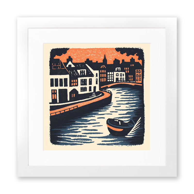 Amsterdam canal at twilight Linoprint-Style Art (2-1)