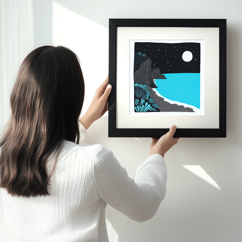 Beer Beach, Devon Linoprint-Style Art (787-1)