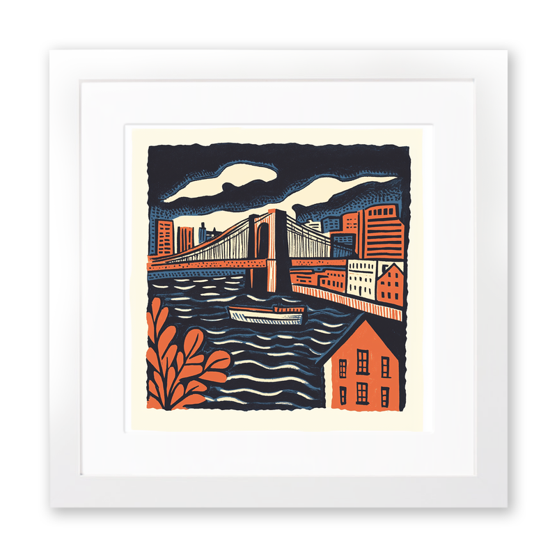 New York Brooklyn Bridge Linoprint-Style Art (22-5)