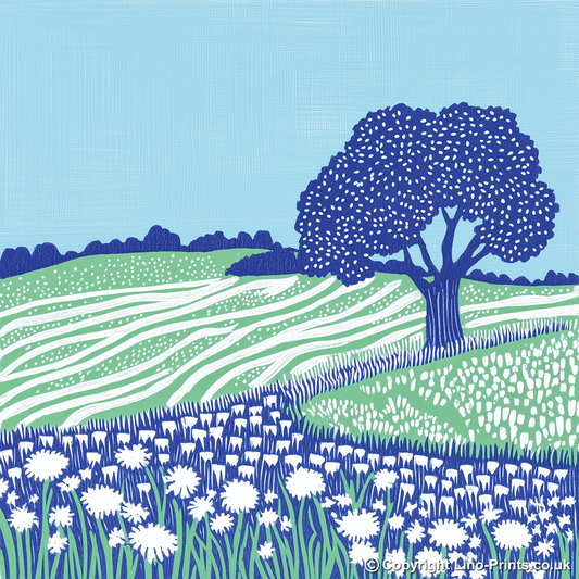 Ancient oak in a Norfolk field Linoprint-Style Art (1755-1)