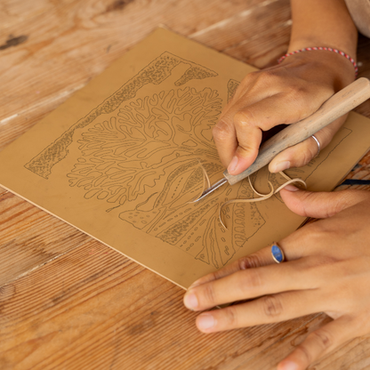 Oak tree with squirrel Linoprint-Style Art (102-2)