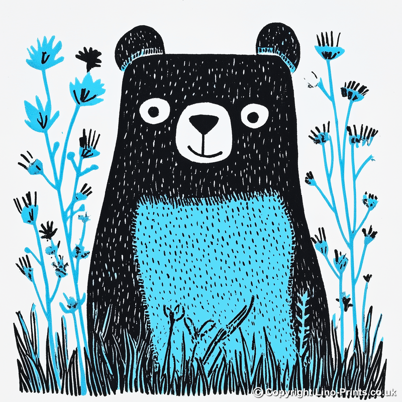 Cute Bear Cub Linoprint-Style Art (611-1)