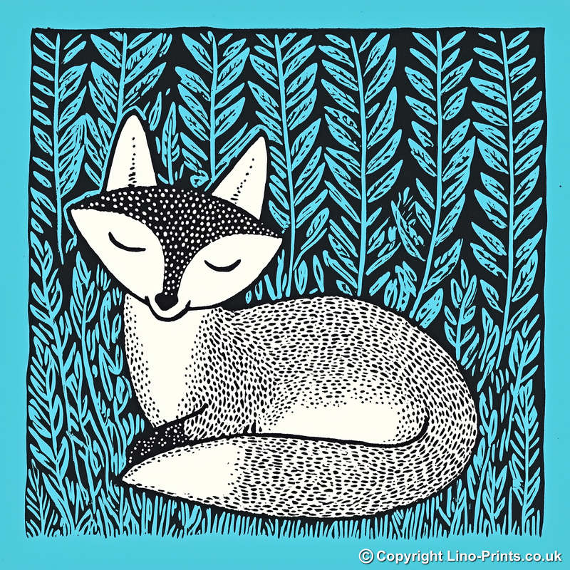 Ferns with resting fox Linoprint-Style Art (713-1)