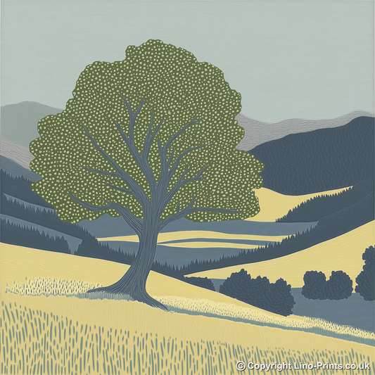 Ancient Oak tree in a valley Linoprint-Style Art (2356-1)