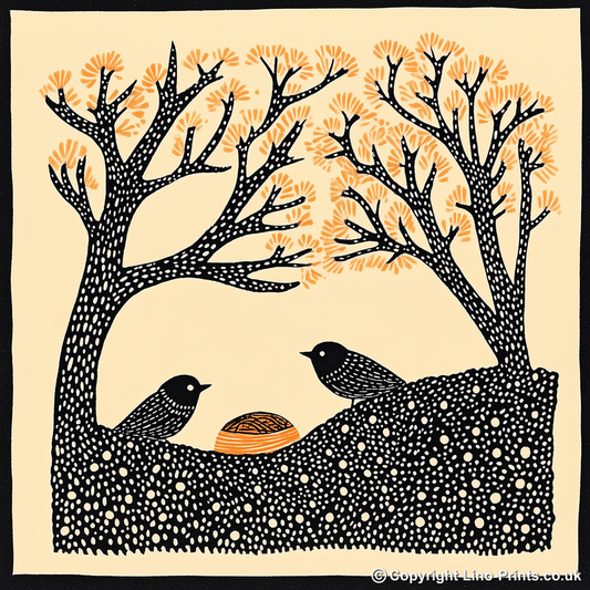 Brambles with birds nesting Linoprint-Style Art (248-1)