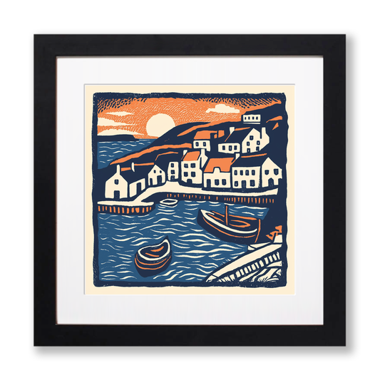 Mousehole Harbour, Cornwall Linoprint-Style Art (142-1)