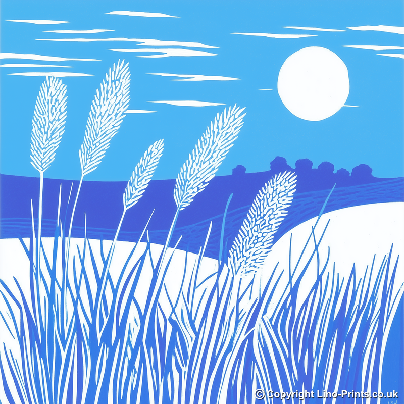 Frosted grass in a Fen sunrise Linoprint-Style Art (1791-1)