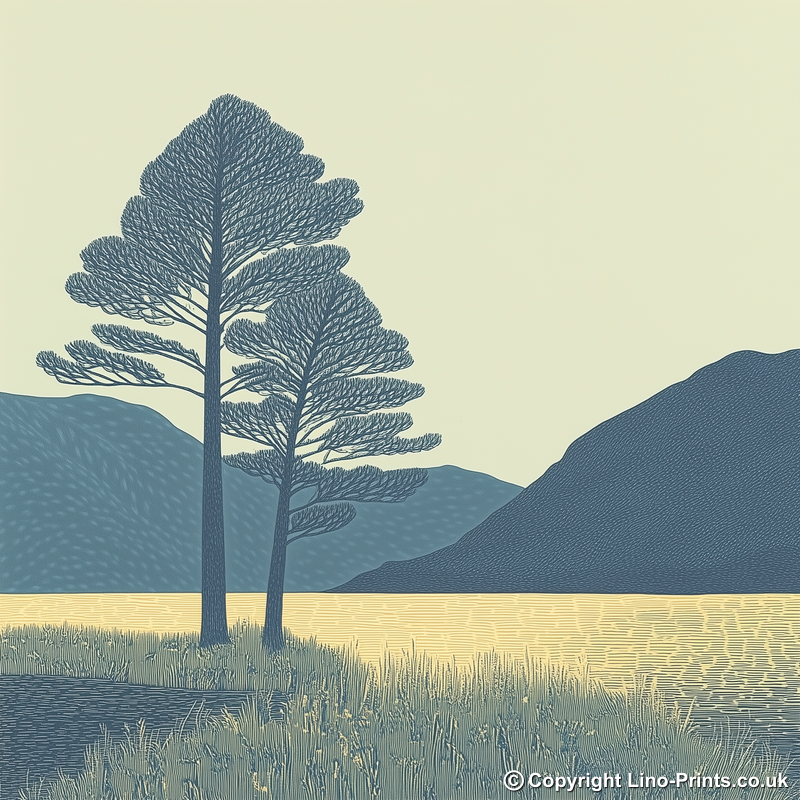 Pine trees silhouette on a lake island (e.g., Derwentwater) Linoprint-Style Art (2504-6)