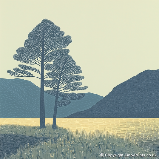 Pine trees silhouette on a lake island (e.g., Derwentwater) Linoprint-Style Art (2504-6)