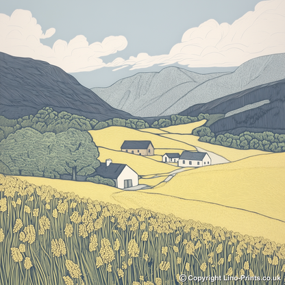 Borrowdale valley farms Linoprint-Style Art (2373-4)
