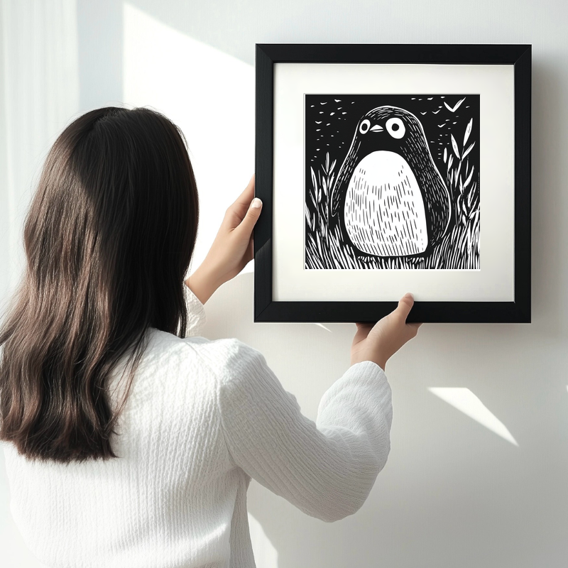 Cute Penguin Chick Linoprint-Style Art (927-1)