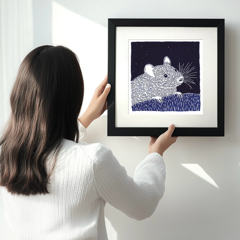 Cute Mouse Linoprint-Style Art (923-1)