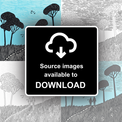 Coastal path walkers with backpacks Linoprint-Style Art (2271-1)