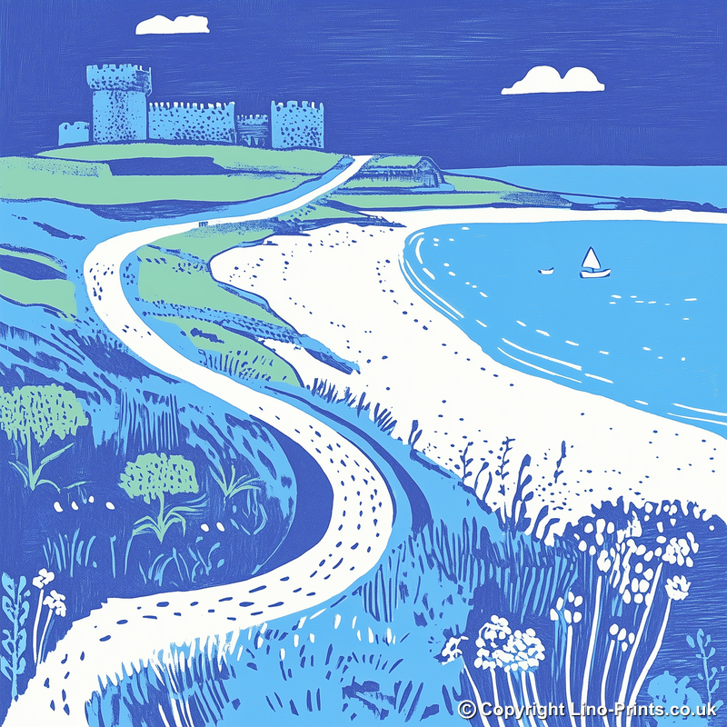 Bamburgh Beach and Castle, Northumberland Linoprint-Style Art (1076-1)