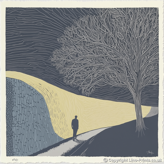Wall silhouette leading towards a silhouetted tree Linoprint-Style Art (2593-3)