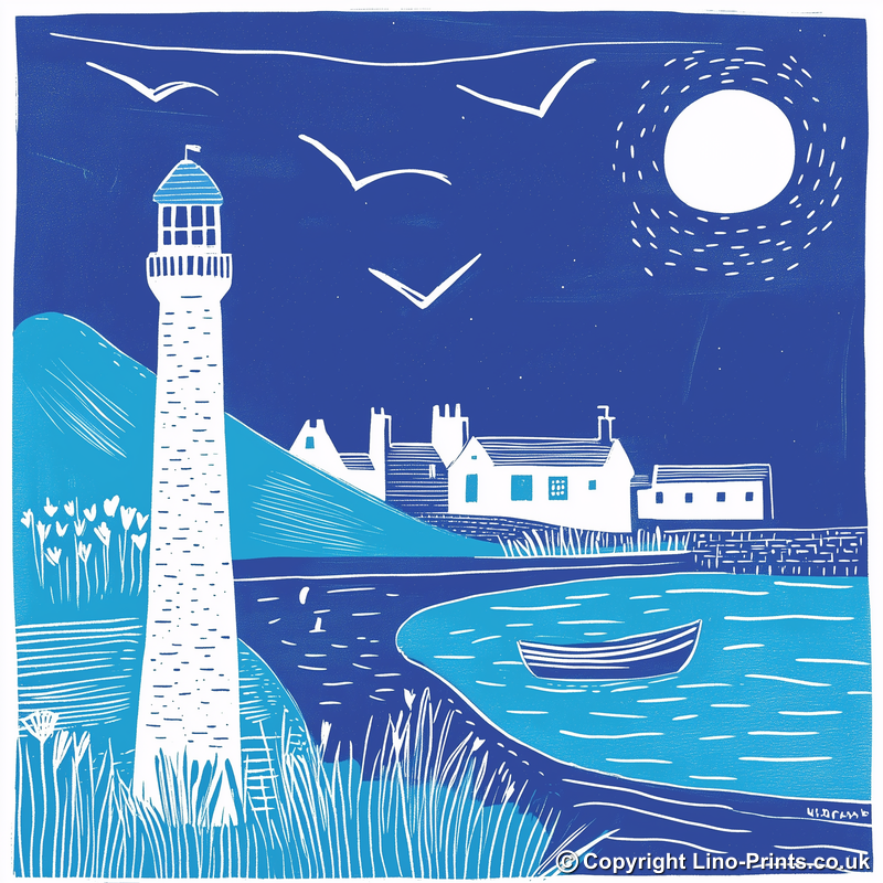 Lighthouse scene Linoprint-Style Art (972-1)