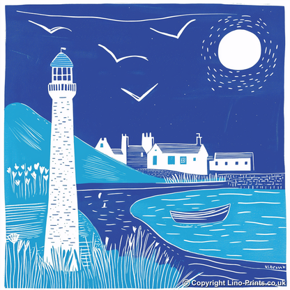 Lighthouse scene Linoprint-Style Art (972-1)