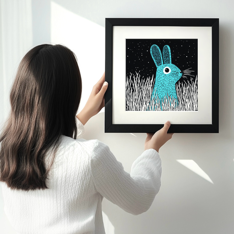 Hare in long grass Linoprint-Style Art (716-1)