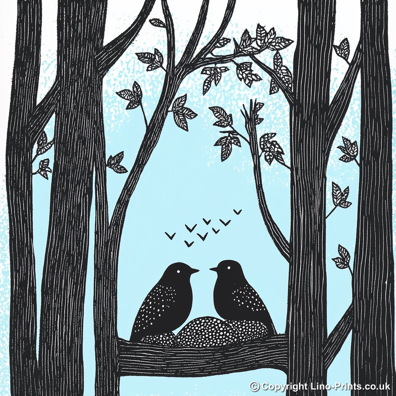 Brambles with birds nesting Linoprint-Style Art (709-1)